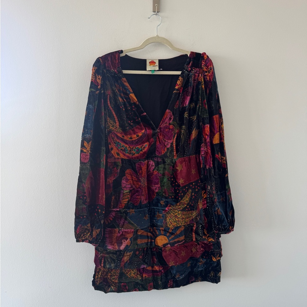 FARM RIO Velvet Colorful Printed Long Sleeve Mini Dress M - Picture 2 of 5